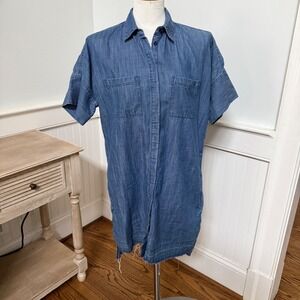 Madewell Denim Chambray Shirt Dress Frayed Hem Short Sleeve Button Down XS